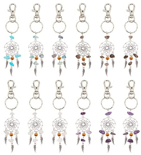 nbeads 12 Stück Traumfänger Schlüsselanhänger, natürlicher Edelstein verzierte Legierung Schlüsselanhänger Anhänger Gewebtes Netz mit Federanhänger Charms für Schmuck Handwerk hängende Dekorationen