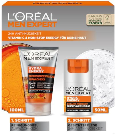 L'Oréal Paris Men Expert Geschenkset für Männer, Mit Waschgel und Feuchtigkeitspflege, Mit Guarana und Vitamin C, Hydra Energy Pflege-Set, 1 x 100 ml, 1 x 50 ml