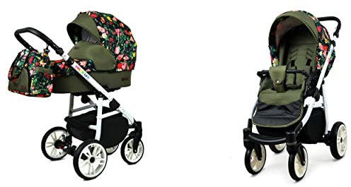 Babylux Color Lux Poussette Bébé 2en1 Profonde et Poussette Avec Accessoires Construction en Aluminium Réglable et Pliable 2 Options de Montage Roues Étanches Roses With Tulips On Black White Frame