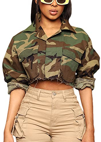 VDWIP Camo Jacket for Women Cropped Denim Bomber Jacket Army Fatigue Camouflage Jacket Coat(45-ArmyGreen-XL)