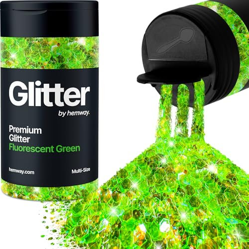 Hemway Premium Glitter Shaker - Fluorescent Green | 120g Multi Size Halloween Metallic Flake Sequins for Resin & Epoxy Crafts | Craft Supplies for Decorating Masks, Nail, Face, Bunting, Art
