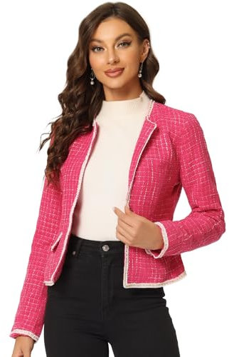 Allegra K Damen Langarm Kragenlos Kariert Vorne Offen Kurzer Arbeit Blazer Jacke Pink S