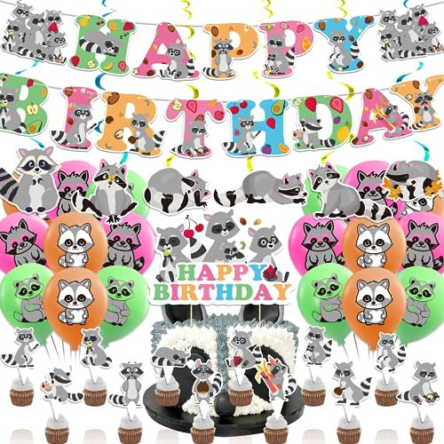 Waschbär Geburtstag Party Supplies - Dekorationen Set mit Banner, Hängende Wirbel, Kuchen Cupcake Toppers, Ballons für Waldtiere Baby Dusche
