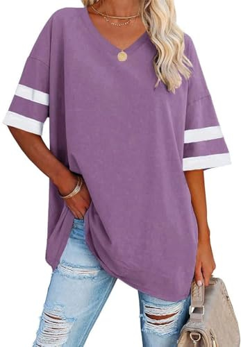 Ebifin Camiseta de gran tamaño para mujer con cuello en V de manga corta casual suelto básico de verano Camisetas Blusa, 02-lila, L