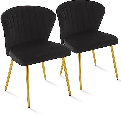 SEPNINE Set of 2 Velvet Dining Chairs,Modern Kitchen Chairs with Upholstered Corner Chairs,Golden Metal Legs for Dining Room, Living Room, Vanity (black, 2 Pack)