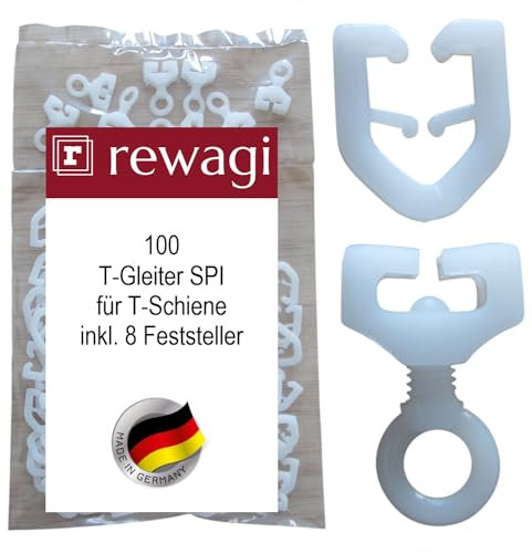 rewagi 100 T-Gleiter SPI, Gardinenhaken & 8 Feststeller für T-Schienen, Überklipshaken, Faltenhaken - weiß