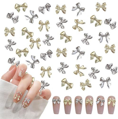 OTKARXUS Bow Nail Charms,60PCS Gold Silver Metal Nail Art Bows,Bowknot Bow Tie Nail Gems Alloy Nail Art Decorations Supplies for Women Girls Manicure Design DIY Crafts (B Gold & Silver)