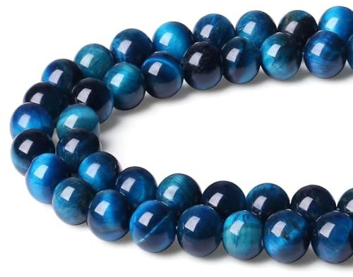 XIANNVXI 8mm Naturstein Tigerauge Blaue Perlen zum Auffädeln mit Loch Runde Kristalle Edelsteine zum Auffädeln Perlen für Armbänder Ketten DIY Schmuck Basteln (ca. 47 Stück)