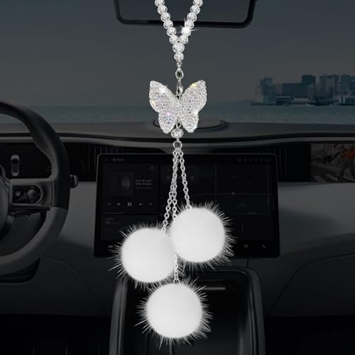 Mezrkuwr Glänzender Schmetterlings-Diamant-Autozubehör für Frauen, Kristall-Auto-Rückspiegel-Charms, Auto-Dekoration, glücklicher hängender Innenornament-Anhänger