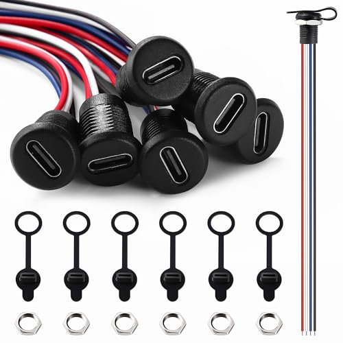KUOQIY USB-C Soldering Panel Mount Cable, 4 Pin Type-C Power Jack with 150mm 24 AWG Wire, Dust Covers and Nuts