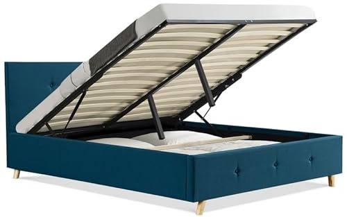IDMarket - Lit Coffre Double scandinave LULEA avec tête de lit et sommier 140 x 190 cm Tissu Bleu Canard