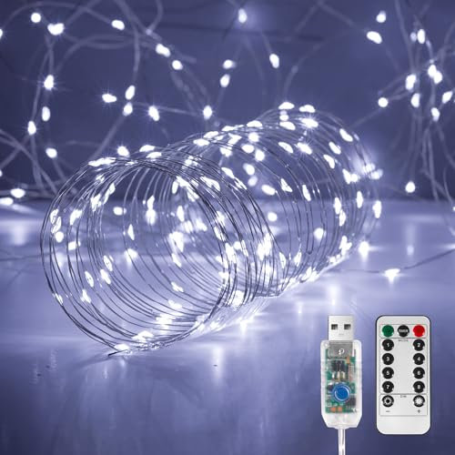 Ariceleo Fairy Lights 10M. 100 LED USB Twinkle String Lights - Copper Wire, Remote & Timer, 8 Modes, Waterproof, Cool White Starry Lights for Party, Wedding, Christmas (1 Pack)