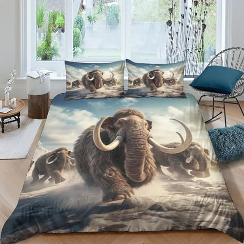 NAHCBIOT Mammoth Bettwäsche-Set 3D Print Ice Age Dreiteiliger Bettbezug Set Microfaser Kissenbezug 3 Teilig Mit Reißveschluss, Weiche Bequemer King(220x240cm)