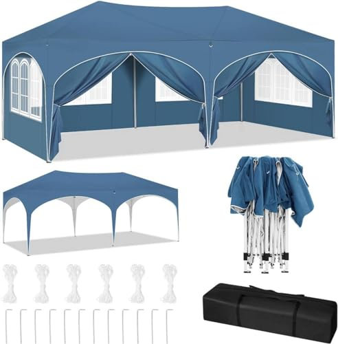 BukkitBow - Doppel-Partyzelt mit Seitenwänden - Faltzelt - Wasserdicht und wetterfest - Gartenpavillon doppelt ausgeführt - 600 x 300 cm - Blau