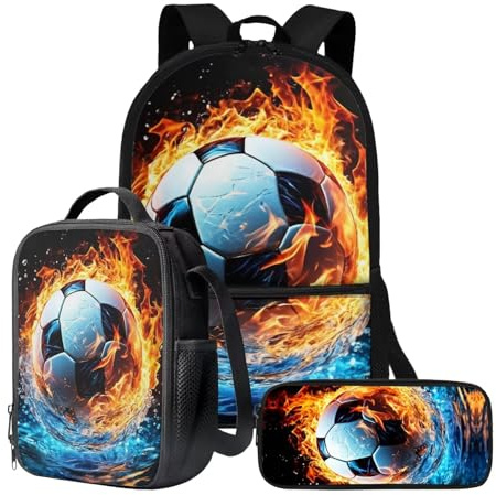 chaqlin Schulrucksack-Set für Kinder, Jungen, Schultaschen mit Lunchbox und Federmäppchen, 3-teiliges Set, Kinder-Büchertaschen, Kühltasche, Stifttasche, Flame Football Soccer, Kinderrucksack