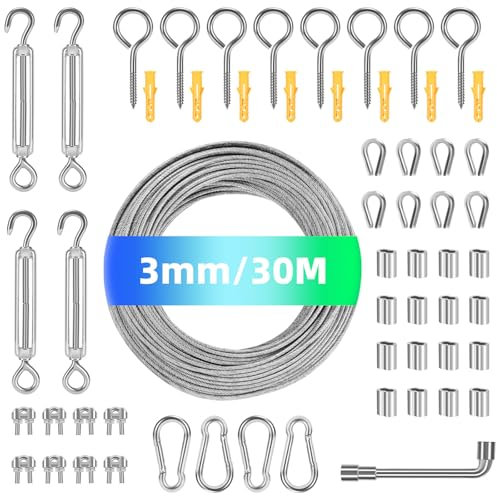 MUUKAIII 30M 3mm Drahtseil, 58 Pcs Stahlseil Kit, 304 Edelstahl Drahtseil Spanndraht, Spanndraht Seilspanner Spannschloss Edelstahl Kit, Rankhilfen für Kletterpflanzen, Gardinenseil, Wäscheleine, Zaun