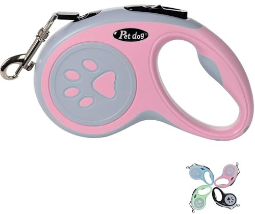 Retractable Dog Lead, VELIGOOD 5M/16FT Extendable Dog Lead with Strong Nylon Tape Tangle-Free One-Handed Brake, Pause, Lock for Small Medium Dogs (Pink)