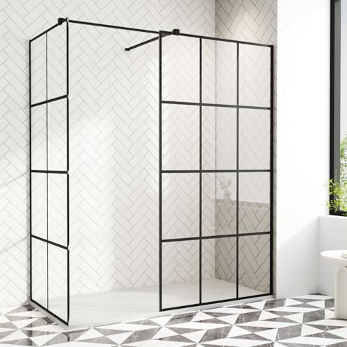 AQUARA Walk-in Shower Enclosure, 900mm x 800mm Shower Screen with 8mm Easy Clean Toughened Glass. Black Grid-Pattern Glass, Support Bar Included, Reversible