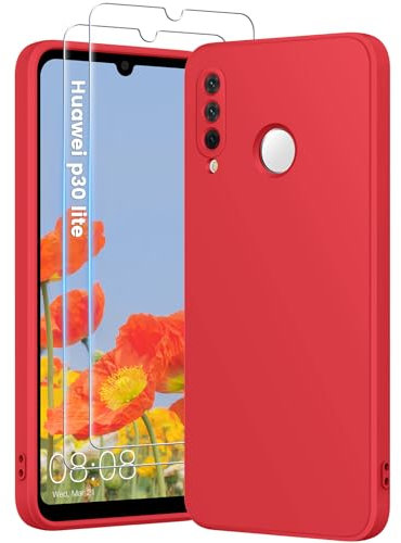 HuwaiH 3 in 1 Hülle für Huawei P30 lite, mit 2 Stück 9H 0.33mm Panzerglas, Upgraded Kameraschutz, Kratzfeste Stoßfeste Handyhülle für Huawei P30 lite(Rot)
