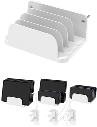 NOTMBESTM Wall Mount Phone Holder, (White) | for Smartphones, Tablets, Phone Shelf with 4-slot Docking Station, Compatible with, ipad, Kindle Wall Charging Organizer