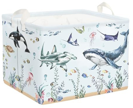 HUUMONSS Meerestiere Kinder Wäschekorb Faltbar für Jungen Mädchen Groß Kleidung Spielzeug Aufbewahrungskorb für Kinderzimmer Bad, Blauhai, 36L