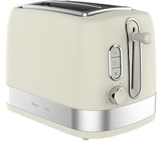 TERRAILLON - SUNRISE- Grille pain 2 Fentes 13 cm, 7 niveaux puissance (1080W) - Décongélation, Réchauffage, Arrêt automatique, Détails inox et chrome, Design Vintage, Crème