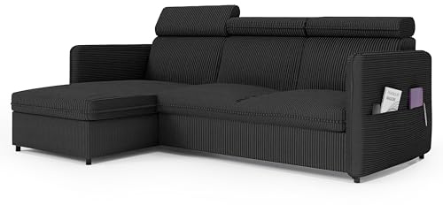 IDOHOME Sofa mit Schlaffunktion 160x220 - Schwarz Sofa Cord - Ecksofa mit Schlaffunktion und Bettkasten - Schlafsofa mit Bettkasten