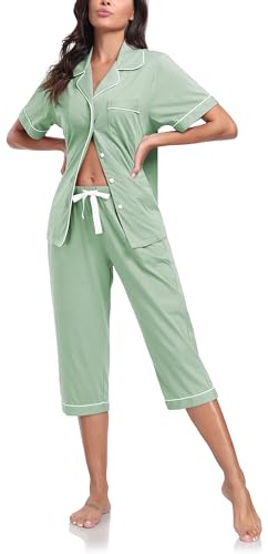 EA'S SECRET 100% Baumwolle Schlafanzug Damen Kurzarm-Oberteil 3/4 Hose Pyjama-Set V-Ausschnitt Knopfleiste Sommer S-XXL