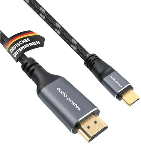 audio pirates USB-C auf HDMI Kabel, 4K/60HZ, 2.0B, OD: 5,00mm, 3-fach geschirmt, Nylon-Ummantelung, 24k vergoldete Stecker, HDMI Zertifikat, Metall-Gehäuse, Klettband (1er Pack, 5 Meter, Grau)