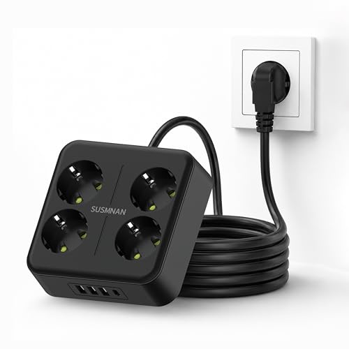 Multiprise avec Interrupteur, Parafoudre et Surtension, Multiprise Murale | 4 Sortie AC et (3 USB-A&1 USB-C), 1.8 Mètres, Prise Multiple Convient pour Domicile, Bureau, Noir