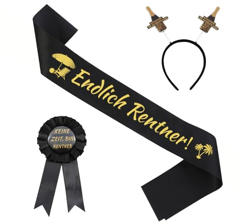 Eudomis 3Pcs Rentner Schärpe Haarreif und Button Ruhestand Schärpe „Endlich Rentner!“ Ruhestand Geschenk, Ruhestand Dekoration ,Rente Gold, Pensionierung, Abschiedsfeier