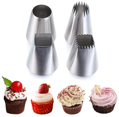Grandes Douilles à Pâtisserie,4 PCS Coffret de Douilles à Pâtisserie Extra Larges Douilless Carrées Rondes et Étoile pour Décoration Gâteaux Cupcakes Biscuits Compatible