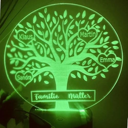 Generisch 3D LED Lampe Familienbaum personalisiert | Gravur mit Namen & Familienname | Baum des Lebens | Geschenk Familie, Muttertag, Einzug, handmade DE