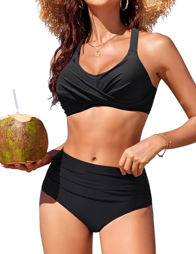 RITOSTA Bikini Damen Set Push Up Bikinis Oberteil Bauchweg Badeanzug Twist Front Badeanzüge High Waist Bikini-Sets Bademode Zweiteiliger Swimsuits(Schwarz,L)