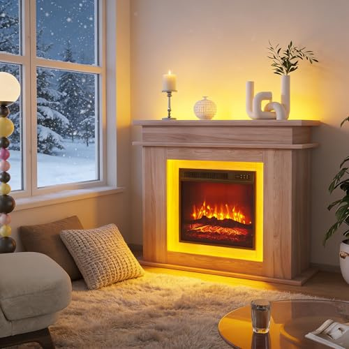 Elektrokamin mit Heizung,101x34.5x88.8 cm, Realistischer 3D Flammeneffekt Erwärmungsfreistehender Elektrischer Kamin mit Timer und LED-Lichtband, für Wohnzimmer, Schlafzimmer, Esszimmer, Eichenfarbe