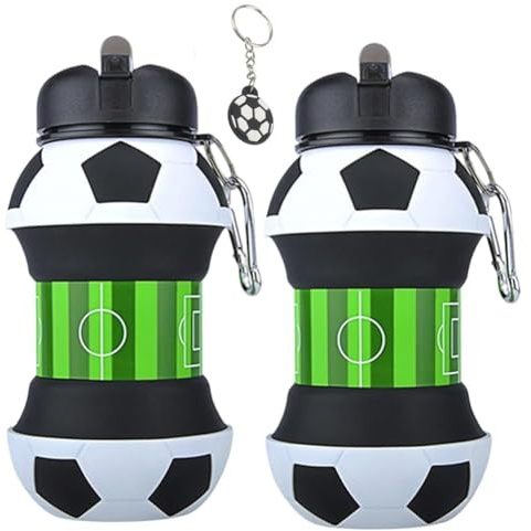 GVMJHYK 2Pcs Botella Agua Silicona Diseño fútbol - Niños, Niñas y Adultos- Plegable Botella de Agua - Libre de BPA - 550ml