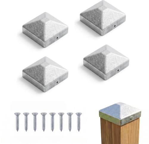 XLTBOMS 4 Stück Pfostenkappe 7x7cm, Quadratisch Zaunpfahlkappe Verzinkt | Pfostenkappen mit 8 Schrauben, Metall Pfostenabdeckung, Zaunpfosten Kappen, Zaun Abdeckkappen für Garten Holz Pfosten
