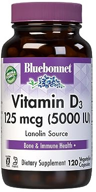 Bluebonnet Vitamin D3 5000 IU 125 mcg - Strong Bones & Immune Support Supplement for Women & Men* Soy-Free, Gluten-Free, Non-GMO, Vegetarian - Highly Absorbable Vitamin D - 120 Veggie Capsules