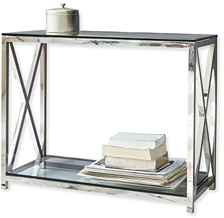 Loberon Konsole Dartford, Geringe Tiefe, Modernes Design, Hochglänzender Rahmen, Puristischer Look, Konsolentisch, Edelstahl, Glas, Silber/klar