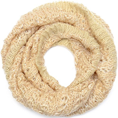 Kandharis Damen Strickschal Loopschal Rundschal mit glitzerfäden und PailettenLSS03 Creme