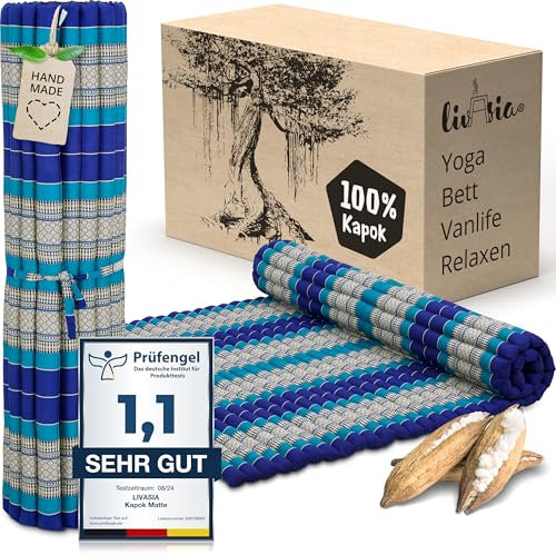 livasia Rollmatte XXL breit Doppelbett - 200x145x4,5cm - Gästebett Gästematratze 2 Personen mit Muster, Reisebett für Kofferraum und outdoor, Thaimatte Kapok Garten und Balkon (Blau)