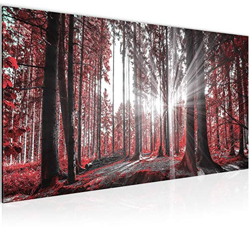 Runa Art Wandbild Wald Landschaft 1 Teilig 100 x 40 cm Modern Bild auf Vlies Leinwand Sonne Schlafzimmer Wohnzimmer Rot 503812c
