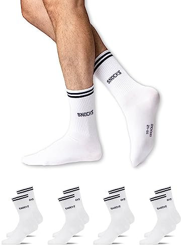 Snocks Retro Socken aus Bio Baumwolle 4 Paar - Lifestyle Socken im Streifen Design - Lange Tennissocken für Damen & Herren - Hohe Sportsocken - Gr. 47-50 - Farbe Weiß