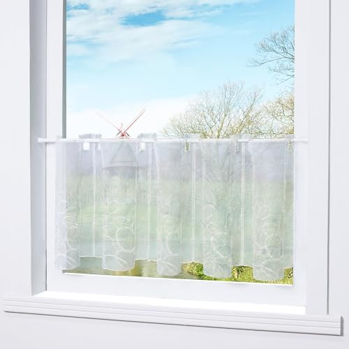 HongYa Scheibengardine transparenter Voile bestickte Bistrogardine Kaffee Vorhang H/B 45/128 cm Weiß