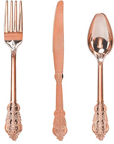WDF-300 Pieces Rose Gold Plastic Silverware- Disposable Flatware -Heavyweight Plastic Cutlery- Includes 100 Forks, 100 Spoons, 100 Knives for Wedding/Parties/Birthday