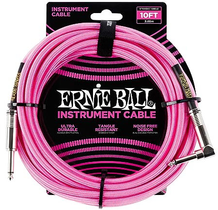Ernie Ball, Cavo intrecciato per strumenti, dritto / angolato, 3,05 m, rosa neon