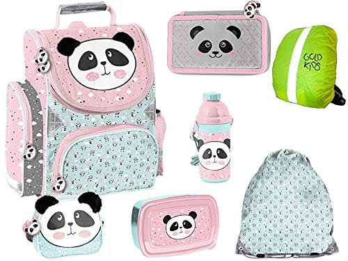 Goldkids Panda 7-teiliges Schulranzen-Set Ranzen, Federmappe, Turnsack, Lunchbox Brotdose Trinkflasche, Schultertasche, Tagebuch, Regenschutz Geschenk Mädchen