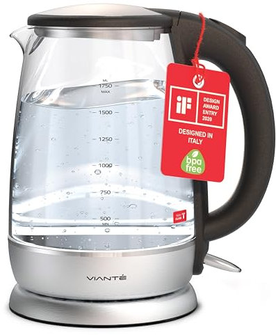 Vianté Electric Glass Teapot - Electric Kettle - LED Light On Indicator, Auto Shut Off and Boil Dry Protection - 1.7 Liters