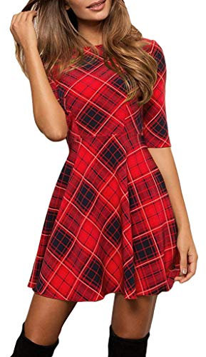 ORANDESIGNE Kariertes Kleid Frauen Plaid Druck Halber Ärmel Rundhals Hohe Taille Minikleid E Rot XS