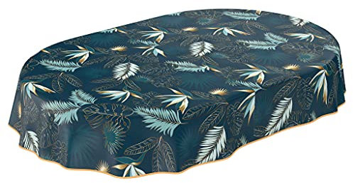 ANRO Wachstuchtischdecke abwaschbar Garten Tischdecke Wachstuch Rund Oval Eckig Indoor Outdoor Blätter Gold Blau Oval 280x140cm mit Saum - Eingefasst